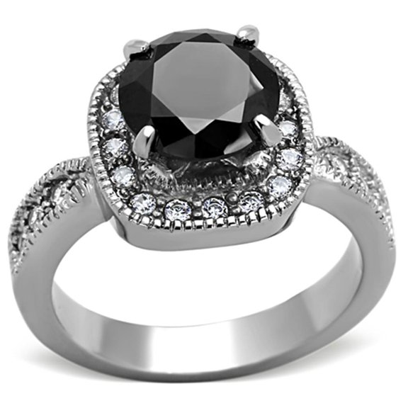 Womens Silver Ring High polished (no plating) 316L Stainless Steel Ring with AAA Grade CZ in Black Diamond TK1322