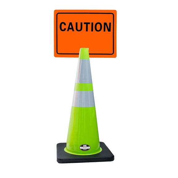 RK-Safety 28" Lime Cone, Black base With Two Reflective Tape, Plus Cone Sign 23 "Caution", (Cone-2 ea Cone Sign-2 ea)