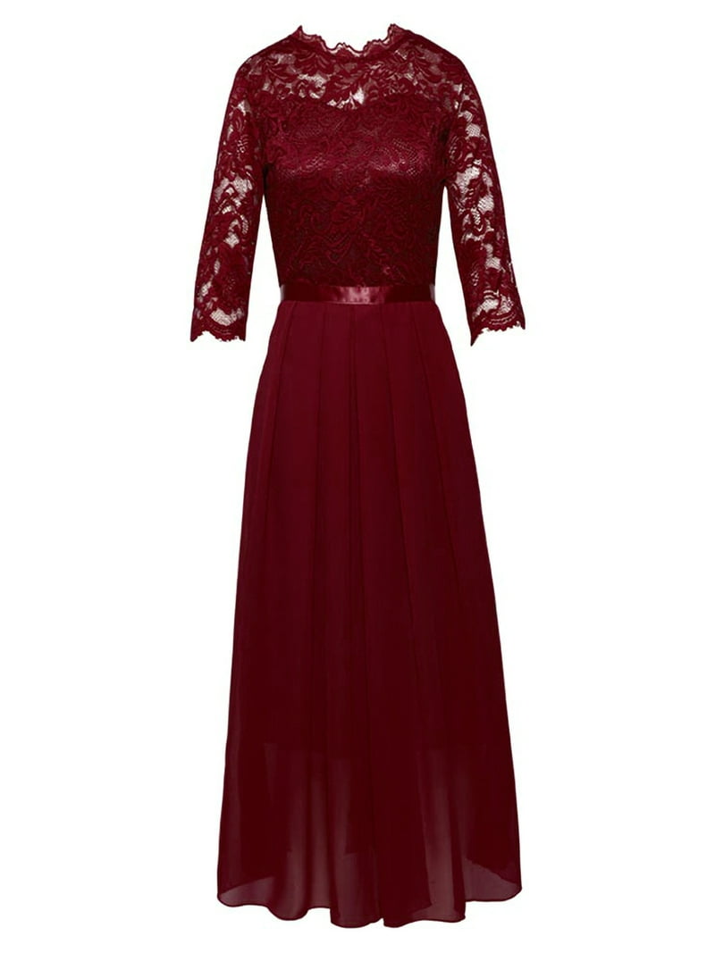 Glonme Women Bridesmaid Dresses Floral Print Prom Gown Lace Maxi Dress  Wedding Formal Sundress 3/4 Sleeve Long Wine Red L - Walmart.com