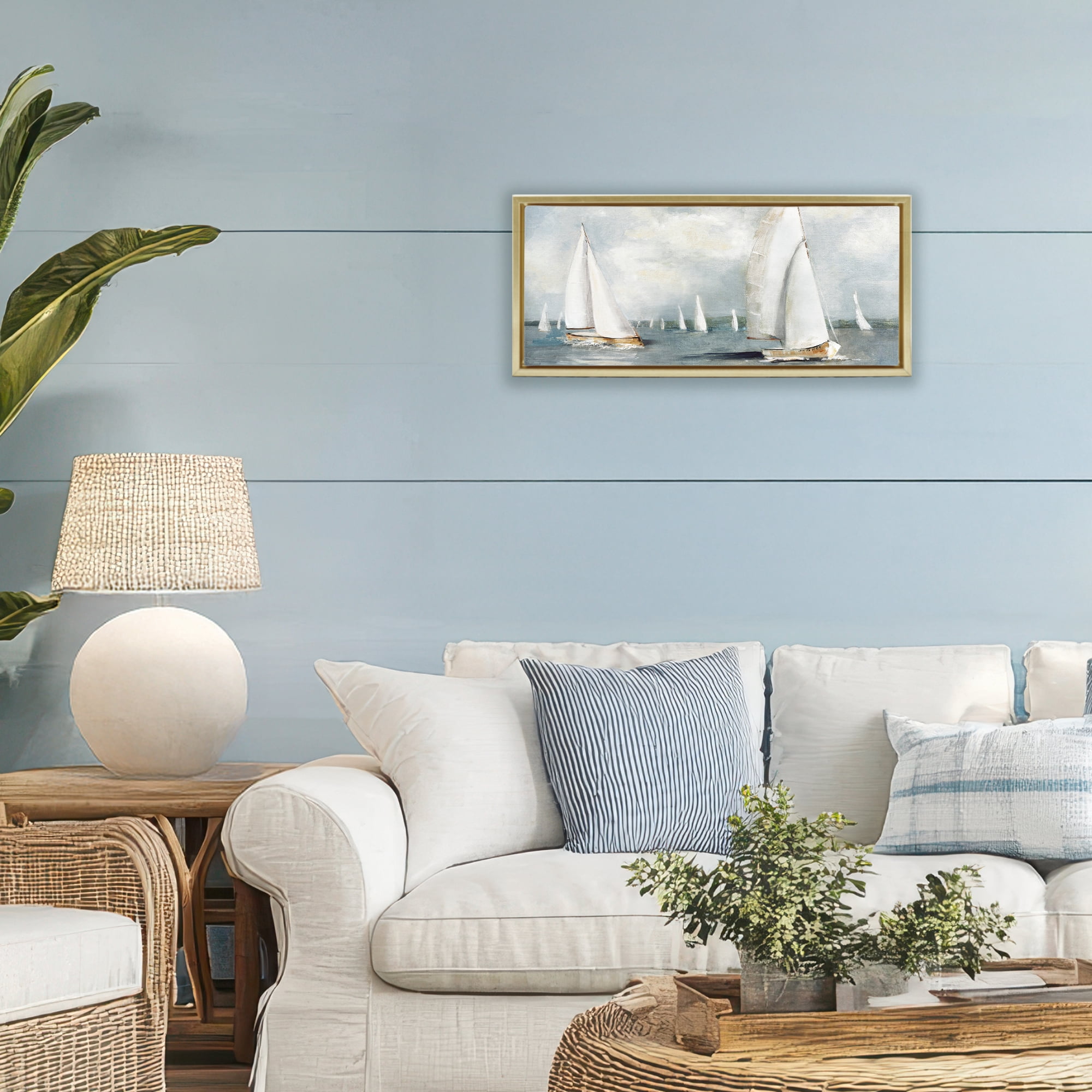 Stupell Industries Windy Sailboat Fleet Gold Framed Floater Canvas Wall Art, design by Sally Swatland