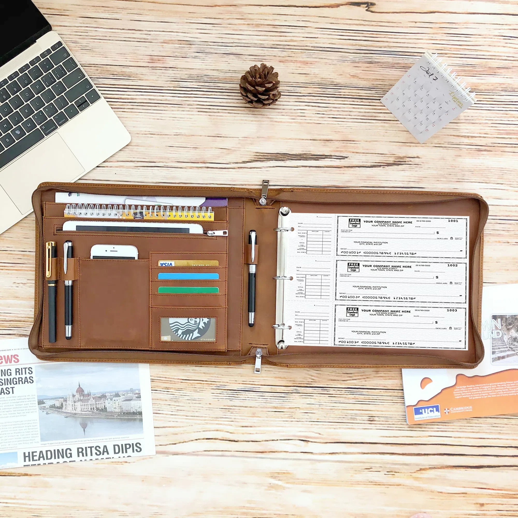 Business 3 Ring Check Binder, Genuine Leather Check Book Portfolio for 3 Holes or 9 Holes Checks, Check Book Binder for 11 1/4"x9", Crazy Horse Leather (Brown)