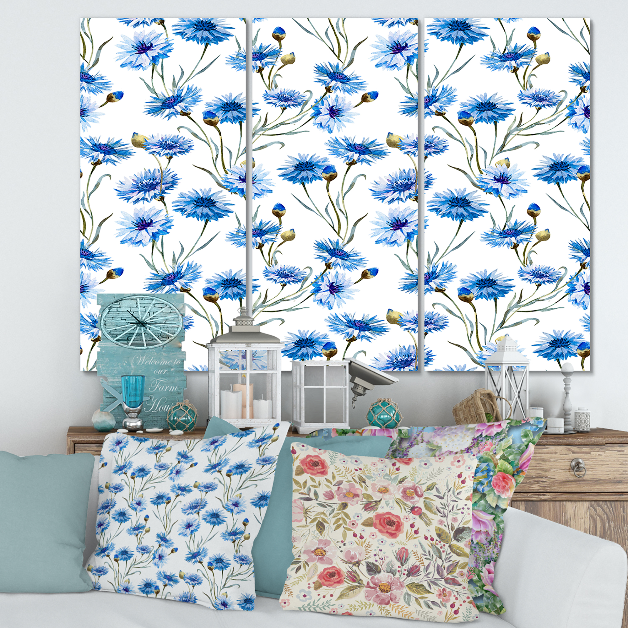 Designart ' Blue Cornflowers With Green Leaves On White II ' Traditional Canvas Wall Art Print