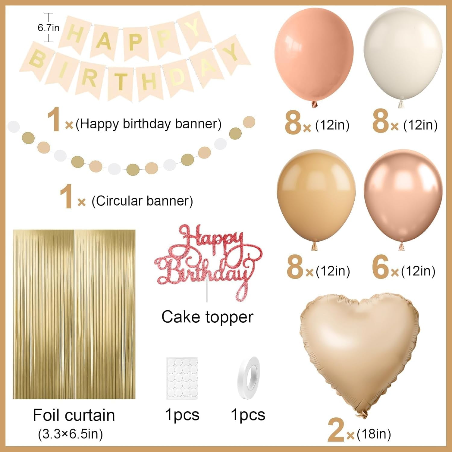 Beige Birthday Decorations,Happy Birthday Banner with Cream Nude Champagne Gold Balloon Heart Foil Balloons Fringe Curtain for Women Men  Baby Shower Party Decor