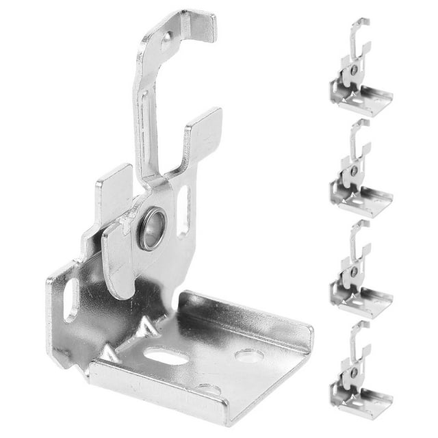 juego de 5 soportes para persianas romanas inalámbricas y horizontales, fácil instalación Juego de cinco soportes fijos metálicos plateados con gancho de posicionamiento; vista frontal de un soporte en ángulo y columna lateral de cuatro unidades, base perforada de 4.4 x 3.0 x 2.4 cm, compatible con persianas horizontales e inalámbricas, instalación con tornillo y ajuste antidesplazamiento; también adecuado para sujetar cortinillas livianas en armarios.