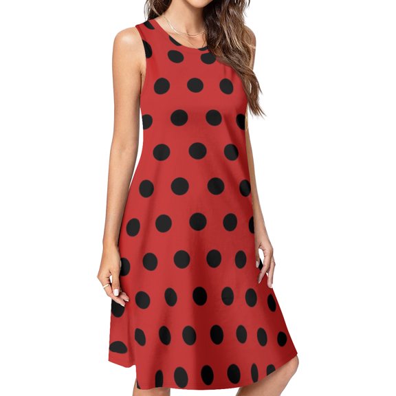 Black Polka Dots on Red Background Spring Summer Dresses for Women Fashion T-shirt Dress Casual Sleeveless Loose Sundress with Pockets