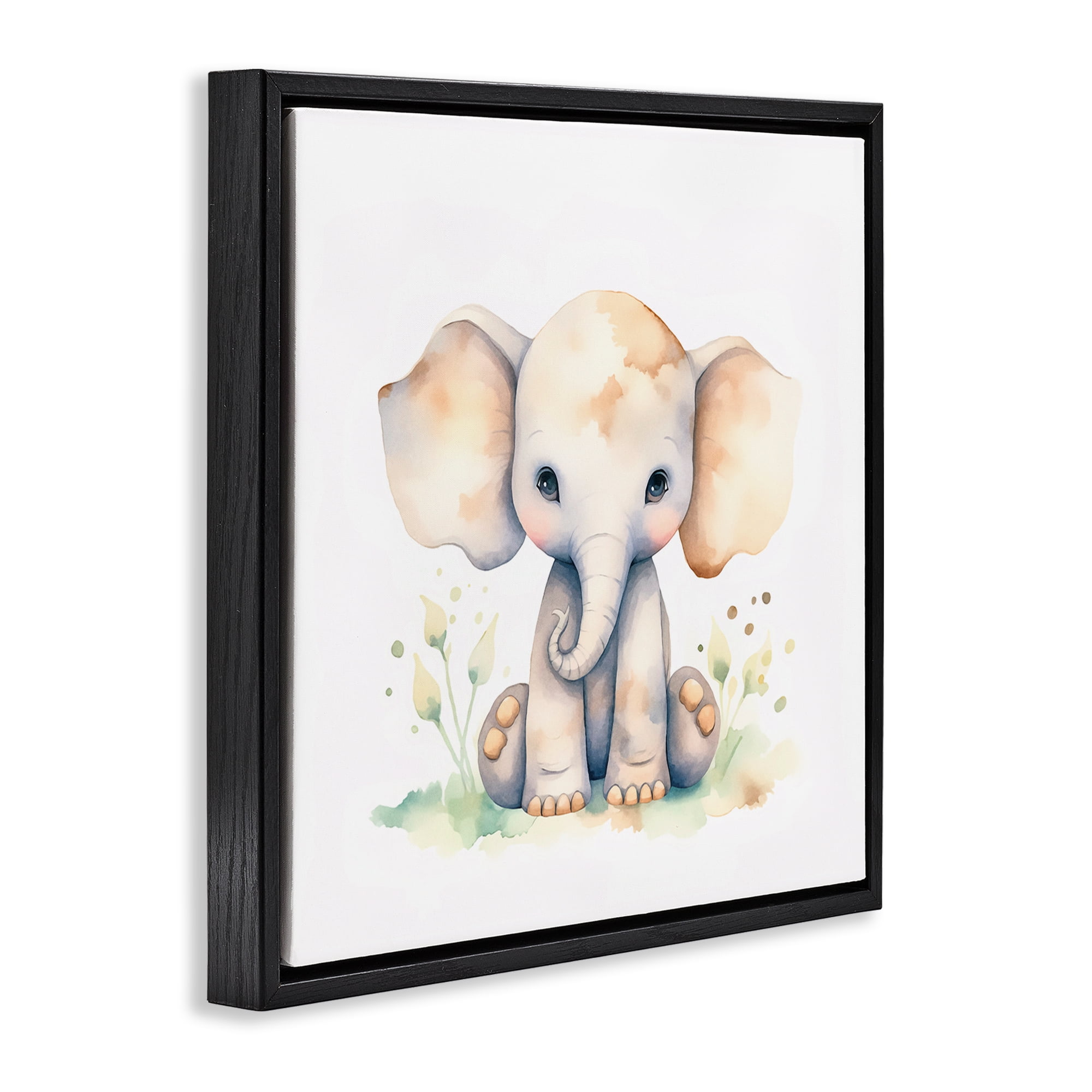 Stupell Industries Sitting Baby Elephant Animals Painting Black Floater Framed Canvas Art Print Wall Art, 25 x 25