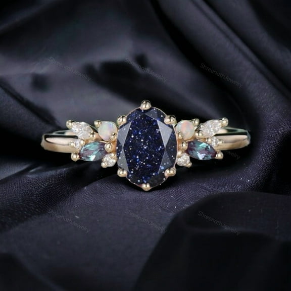 Galaxy Sandstone Bridal Ring Rose Gold Engagement Ring Multi Gemstone Cluster Ring Marquise Alexandrite Jewelry Art Deco Opal Birthday Gift