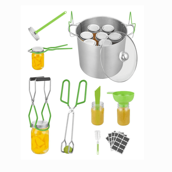 9 Piece Stainless Steel Water Bath Canning Starter Kit, Includes Pot, Rack, Lid, Funnel, Tongs, Jar Lifter, Wrench, Magnetic Wand & Bubble Popper, for Beginners（Excluding Glass Jars）
