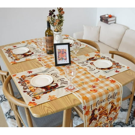 

Fall Table Runner and Placemats Set of 5 Gnomes Pumpkins Thanksgiving Maple Leaves Autumn Buffalo Plaid 13 x 72 Inch & 12 x 16 Inch Placemats Holiday Dining Kitchen Party Decoration