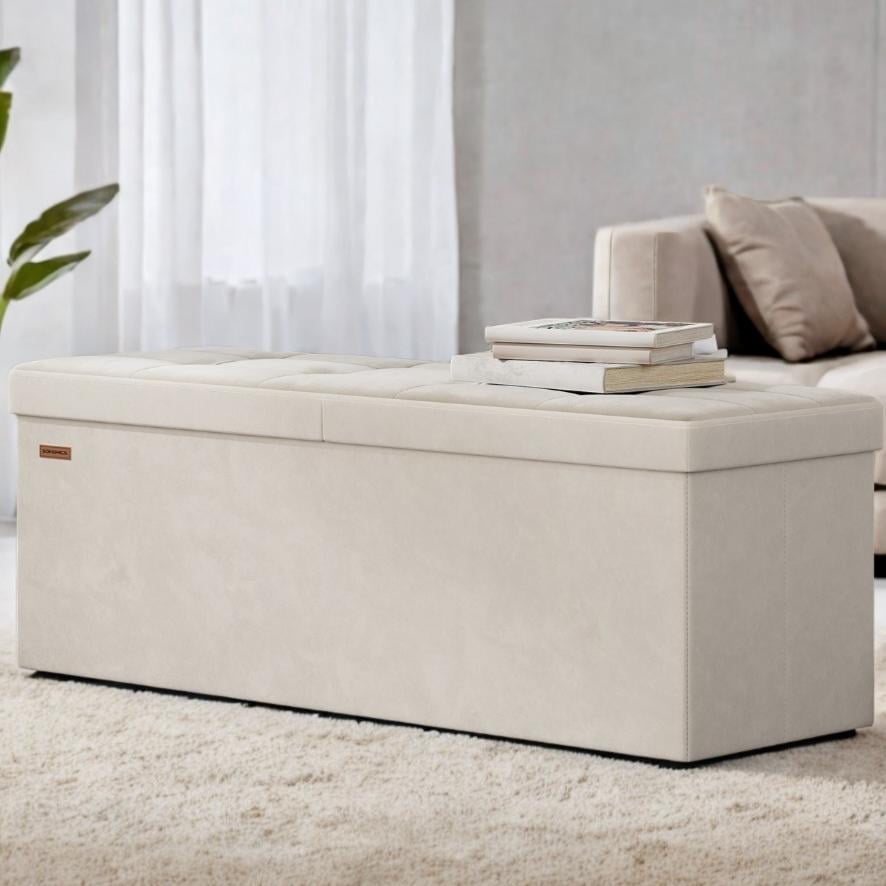 LEDREM 43-Inch Foldable Storage Ottoman Bench with Flipping Lid, Velvet Fabric, 35-Gallon Storage, 660 lb Capacity, Cappuccino Beige