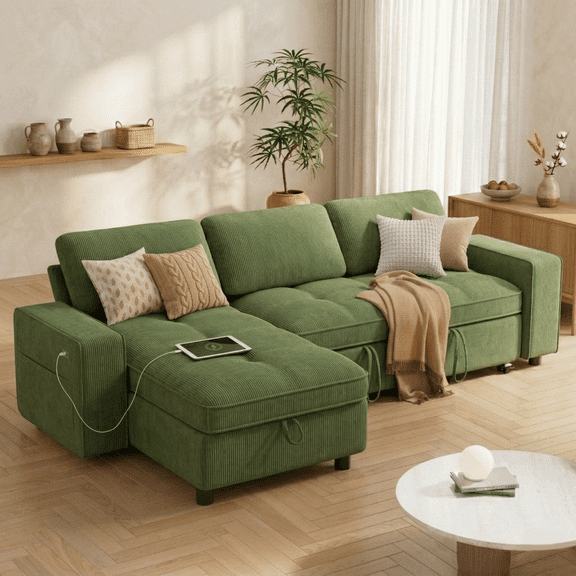 81" Sectional Sleeper Sofa Bed with Pull Out Bed, L Shaped Pull Out Couch with Reclining Backrest, Reversible Storage Chaise, USB Ports, Tool-Free, Corduroy Green