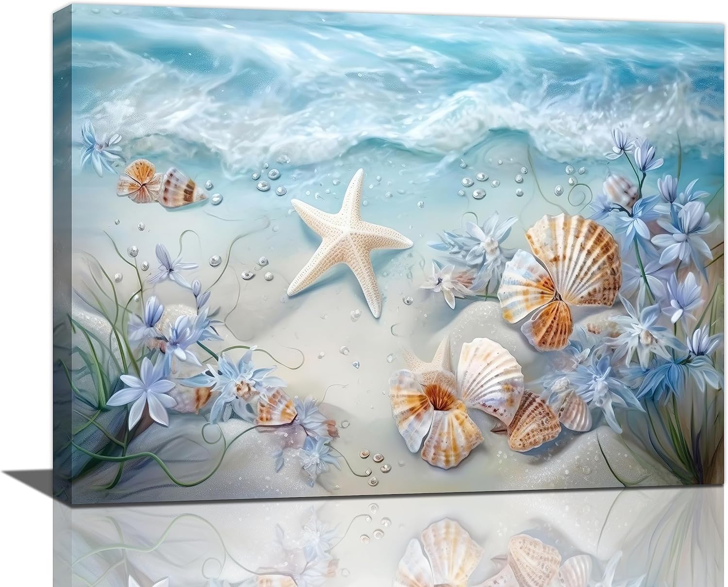 Beach Seashell Bathroom Wall Art Coastal Floral Pictures Wall Decor Flower Starfish Canvas Painting Modern Home Decorations Artwork for Bedroom Living Room Office Framed 16"x12"