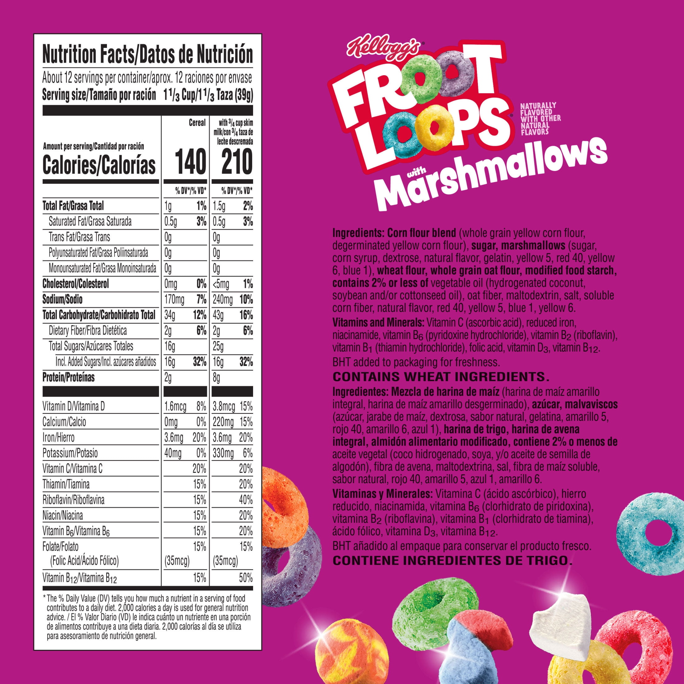 (6 pack) Kellogg's Froot Loops Original with Marshmallows Breakfast Cereal, 12g Whole Grains, Family Size, 16.2  oz