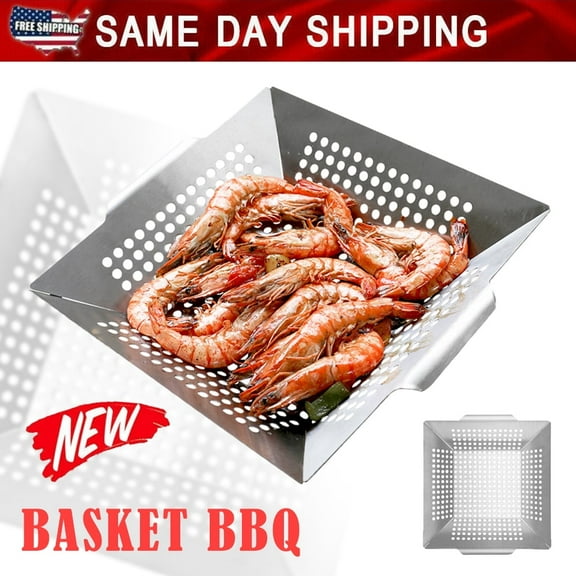 Linsen-outdoors Stainless Steel Grill Basket for Vegetables, Meats and Seafood - Versatile BBQ Tray Fits Gas, Charcoal and Electric Grills for Indoor and Outdoor Cooking