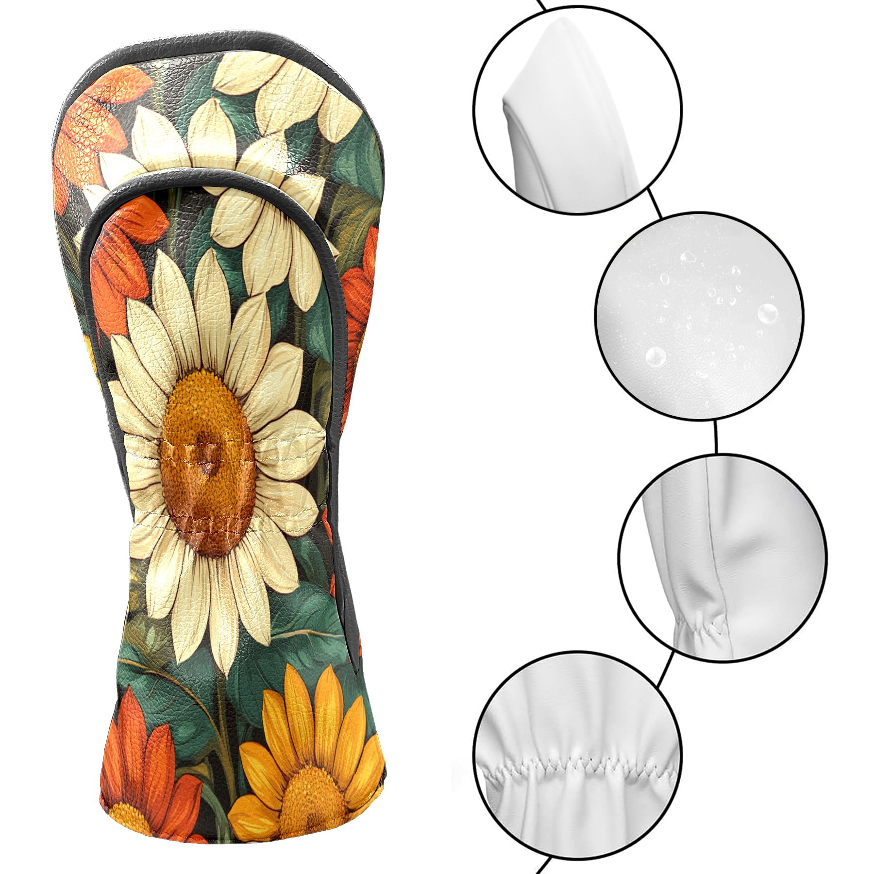 Golf Club Covers PU Leather Waterproof Head Covers for Fairway Woods Hybrids Sunflower Unisex Fits Most Brands