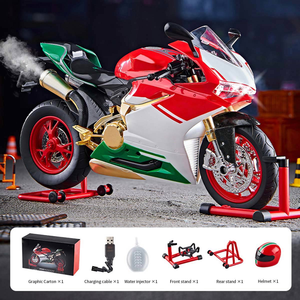 1:9 Alloy Motorcycle Model with Ignition System, Smoke Spray and Light & Sound Effects, Dynamic Motorbike for Home Display and Decoration, Idea as Gift for Adult Enthusiasts (Red)