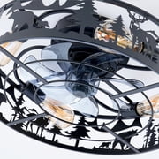 Dayu 20 Inch Matte Black Rustic Flush Mount Wildlife Forest Caged Enclosed Ceiling Fan with Light and Remote Control