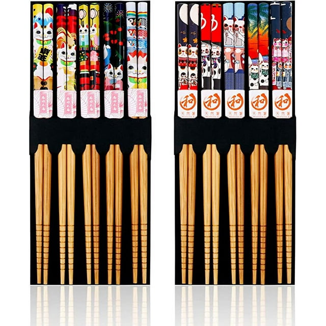 10 pares de palillos chinos, palillos japoneses de bambú natural, diseño de gato de la suerte antideslizante, palillos de 9 pulgadas, aptos para lavavajillas para platos coreanos de sushi japonés chino Rojo Verde