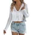 thumbnail image 2 of Women'S Tie Front Long Sleeve Scalloped Crop Cardigan Knit Top White S, 2 of 9
