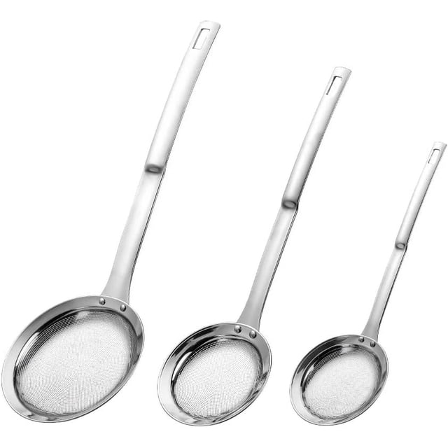 fafa-Sieve Fine Mesh Strainer Set Stainless Steel Metal Flat Cooking Skimmer Ladle Colander with Handle Food Strainer Kitchen Tools for Kitchen Baking Oil Filter Flour Sifter Foam,L M Small 3Pack