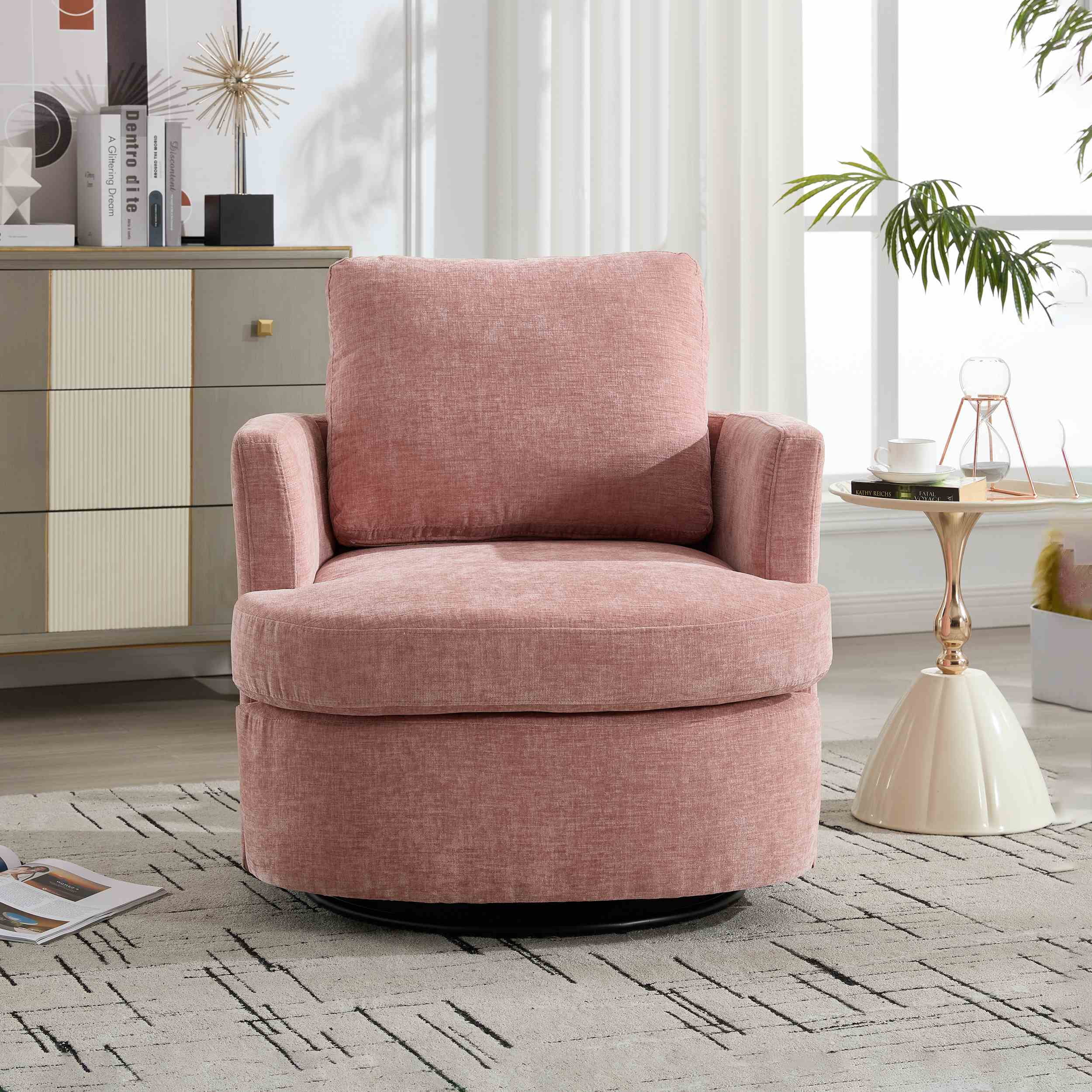 360° Swivel Barrel Chair, Upholstered Accent Chair, Suitable for Nurseries, Offices,Pink