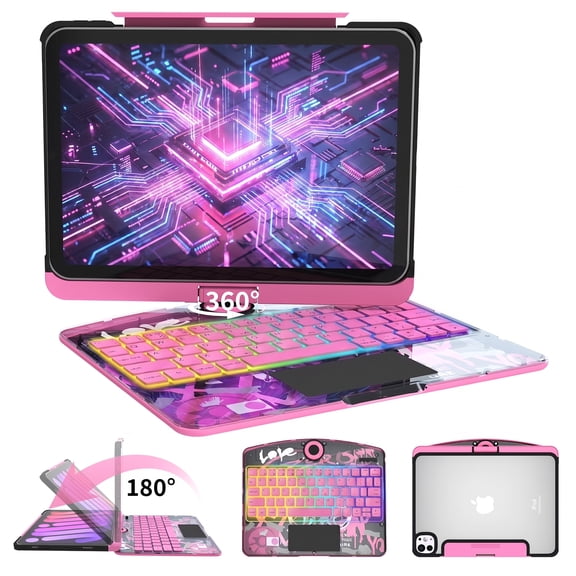 Beteliva Transparent Keyboard Case with Trackpad for iPad Pro 11"(M4/M5), 7-Color Backlit Wireless Bluetooth Keyboard with 360 Rotating Stand & Pencil Holder, Pink