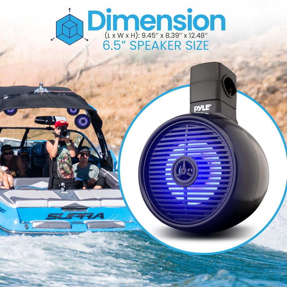 Pyle 6.5” Marine Wakeboard Bluetooth Speaker, Water Resistant 2-Way Mini Box Speaker with Built-In LED Lights (Black)