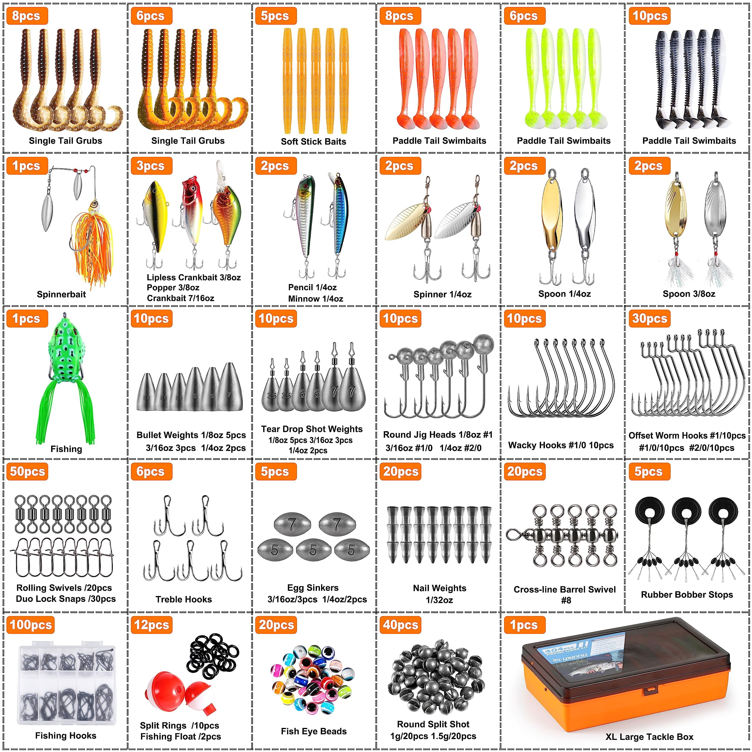 353/404 Fishing Lures  Upgrade Tackle Box With Included Crankbaits Hooks Weights Other Accessories Lure Bait Gear Equipment Kit Gift For Men Freshwater Bass