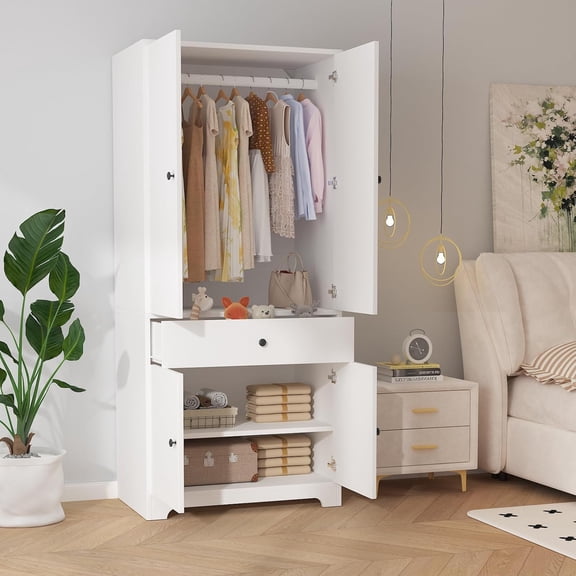71 In Armoire Wardrobe Closet 4-Door Wooden Storage Cabinet with Drawer Hanging Rod and Shelves White