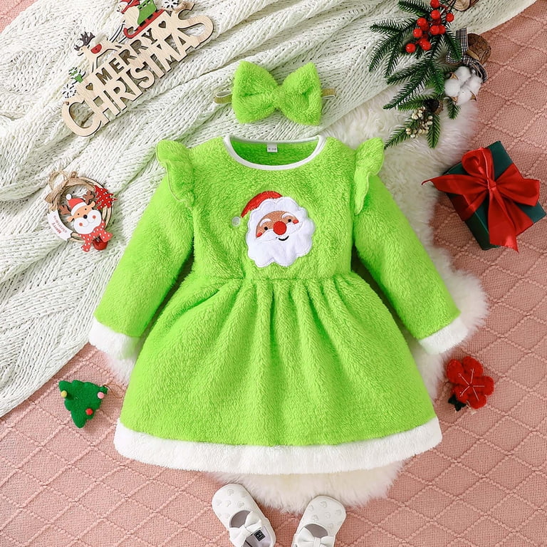 green christmas dress infant Linfrsh Baby Christmas Dress Infant Baby Girl Christmas Thanksgiving Outfit  Ruffle Long Sleeve Romper Skirt Set Suspender Dress 3Pcs Clothes Set Green,12-18  Months