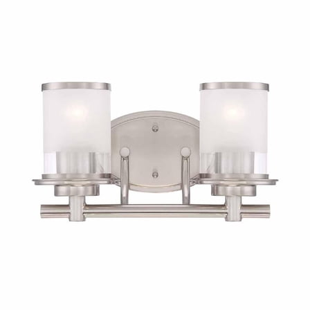 Open Box Hampton Bay Truitt 14.2 in. 2-Light Brushed Nickel Modern Transitional Vanity with Frosted and Clear Edge Glass Shades