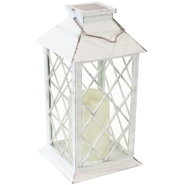 Sunnydaze Outdoor Concord Hanging Tabletop Solar LED Rustic Farmhouse Decorative Candle Lantern - 11" - White