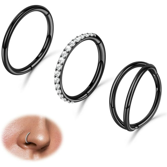 3pcs 16G Nose Rings Stainless Steel Hoops 4 Colors Choose Double Hoop Hinged CZ Piercing Jewelry Septum Clicker Rings Cartilage Earring Helix Rook Tragus Daith 6mm/8mm/10mm