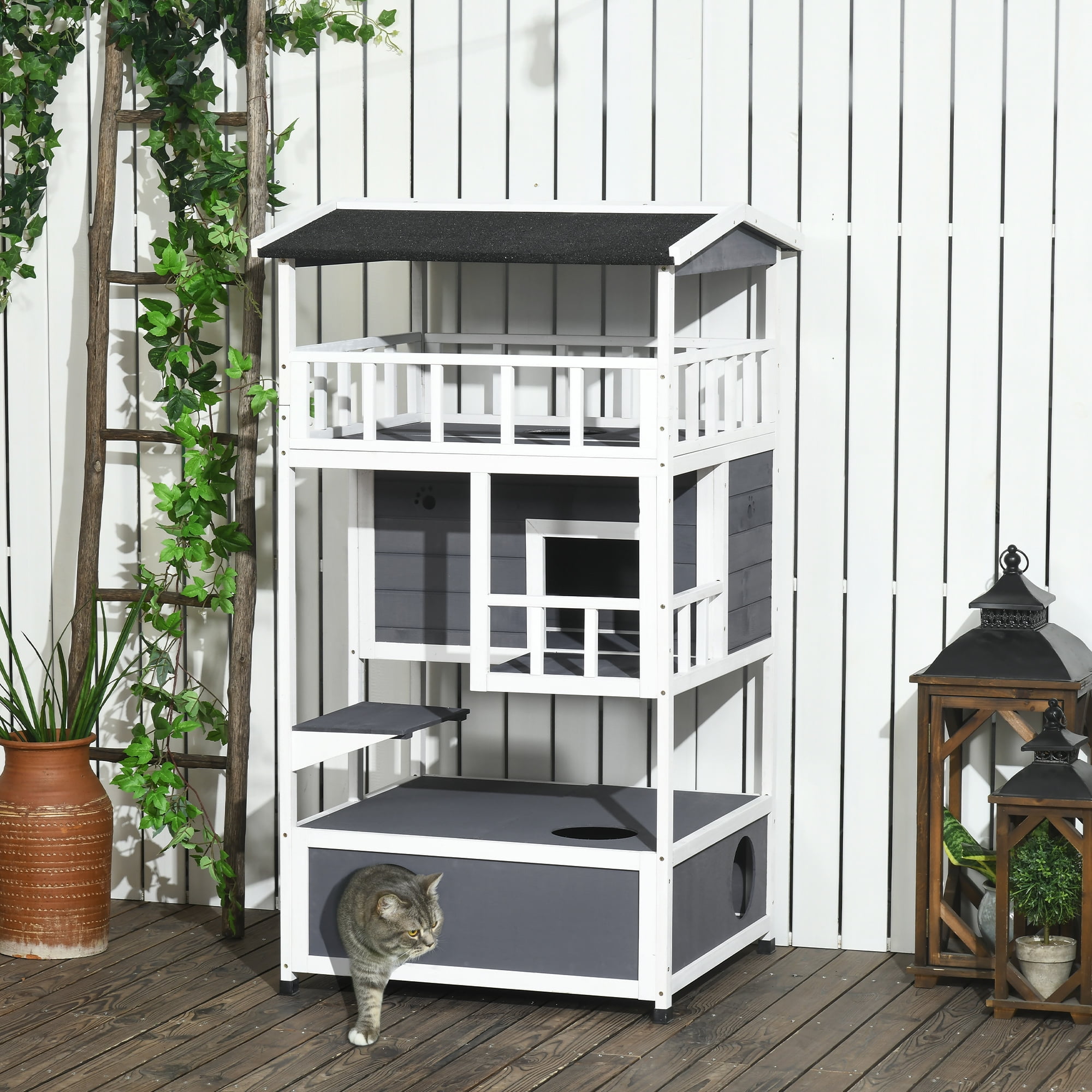 Wooden Outdoor Cat House, Feral Cat Shelter Kitten Tree with Asphalt Roof, Escape Doors, Condo, Jumping Platform, Grey