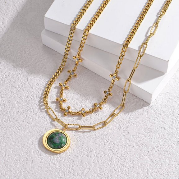 Nvzi handmade necklace pendant suitable for both men and women, double layered titanium steel four leaf clover zircon pendant handmade necklace (gold)