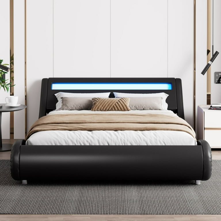 Amolife Queen Size Wave Like Curve Deluxe Upholstered Modern Bed Frame with LED Headboard Black