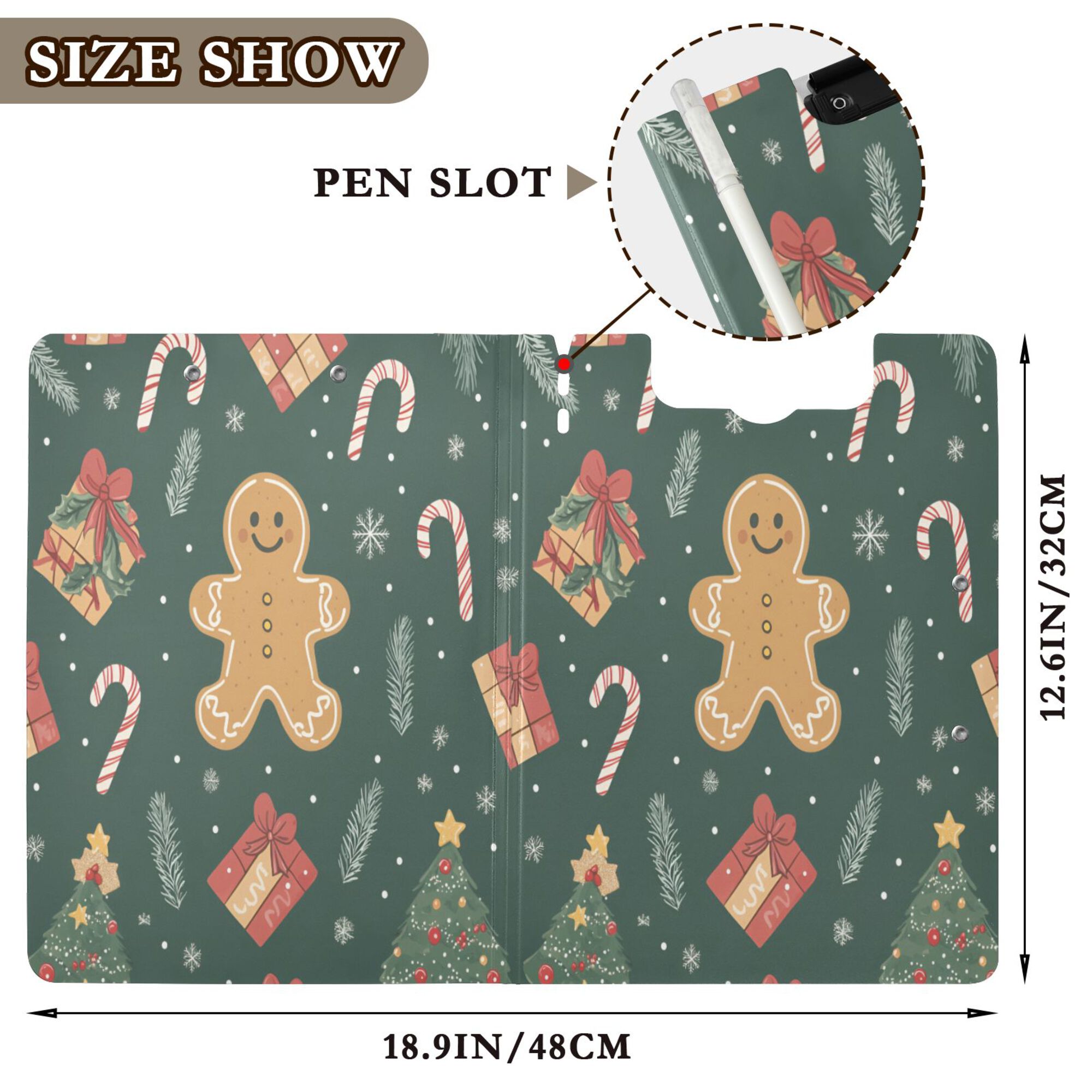 FORMRS A4 Clipboard Folder with Pen Holder Horizontal Foldable School Office Binder, Brown Christmas Gingerbread