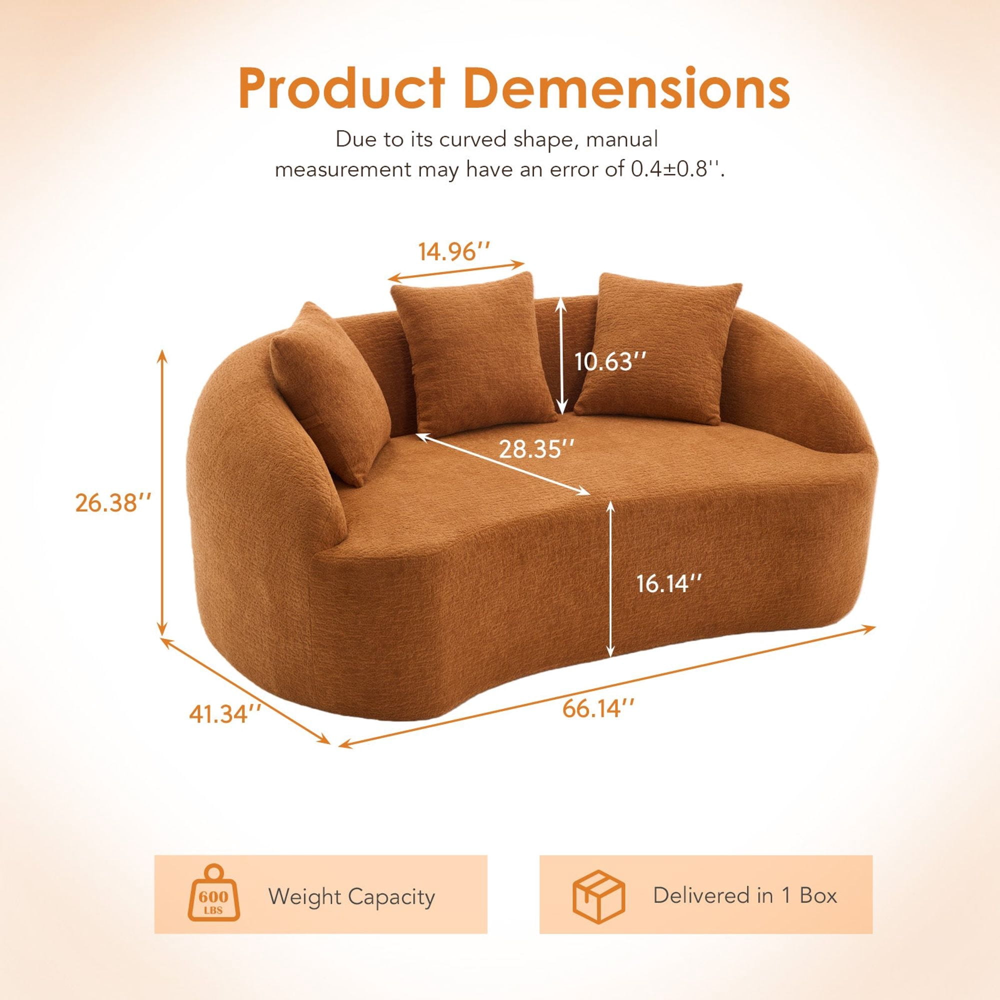 Sailvan Curved Modern Boneless 2-Seater Chenille Sofa Loveseat with 3 Pillows