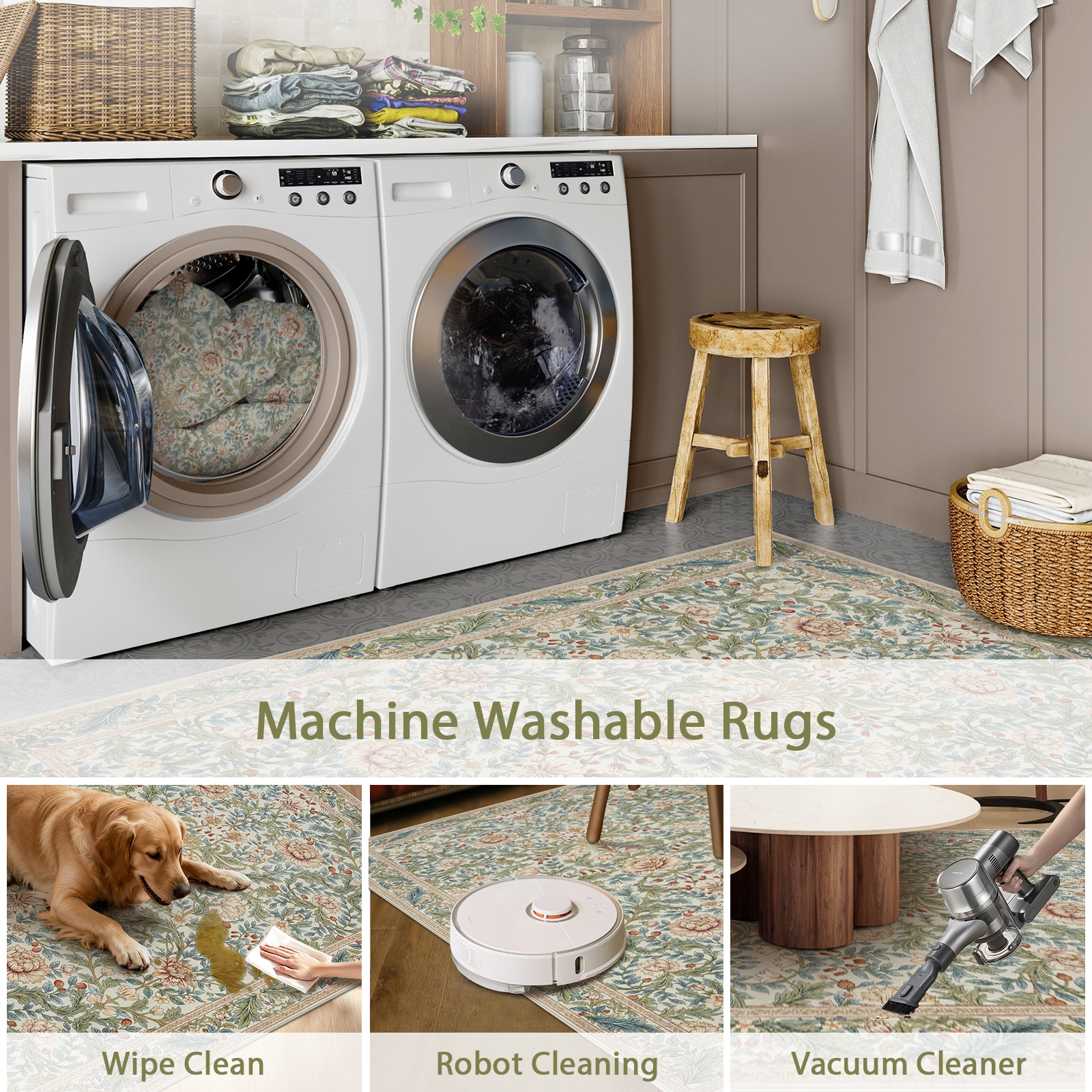 Lahome Beige 5x7 Boho Area Rugs for Living Room, Large Flower Stain Resistant Machine Washable Rugs for Bedroom, Non Slip Carpet for Dining Room Home Office