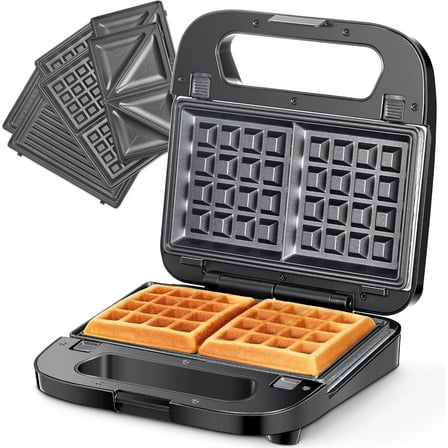 3-in-1 Waffle, Grill & Sandwich Maker, Panini Press Grill and Waffle Iron Set with Removable Non-Stick Plates, Perfect for Cooking Grilled Cheese, Tuna Melts, Burgers, Steaks and Snacks, Black
