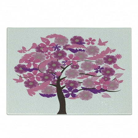 

Flower Landscapes Cutting Board Pink Toned Tree with Endemic Flowers and Birds Decorative Tempered Glass Cutting and Serving Board in 3 Sizes by Ambesonne