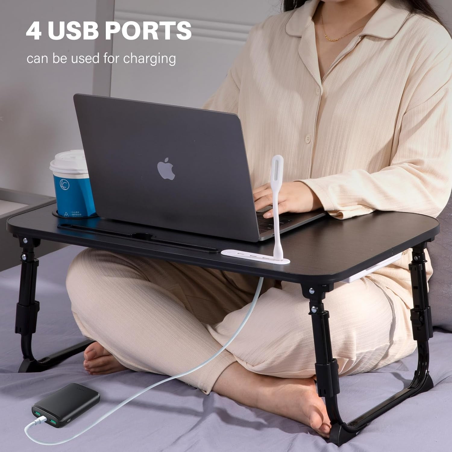 Laptop Desk for Bed, Height Adjustable Laptop Bed Table, Foldable Portable Lap Desk Stand with USB/Storage Drawer/Cup Holder/Slot, Breakfast Tray for Working Reading Writing Eating, White