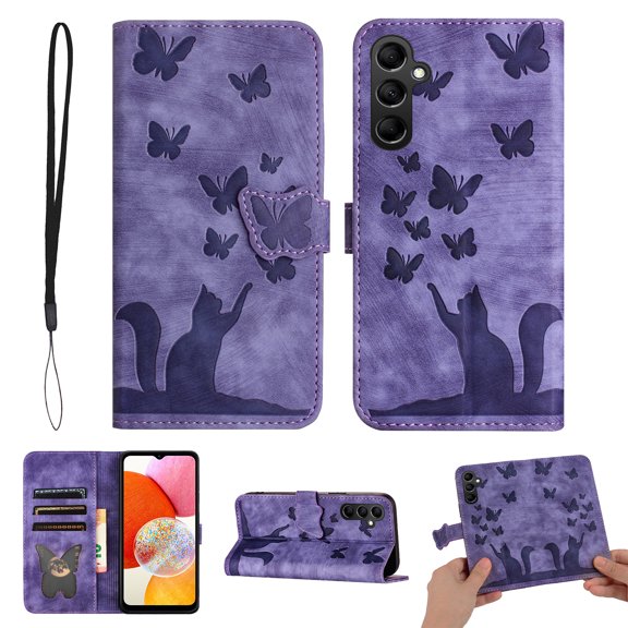 Wallet Case Designed for Samsung Galaxy A54 5G for Women,Flip Folio Cover with Butterfly Embossed PU Leather Kickstand Credit Card Holder Slots Magnetic Wrist Strap Phone Case, Purple