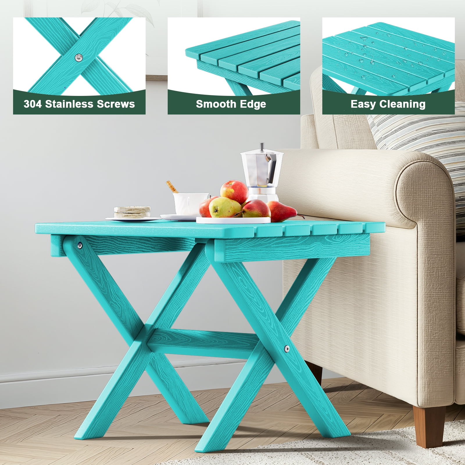 SERWALL Small Folding Side Table set 2, HDPE All Weather Adirondack End Table, No Assembly Required, Aruba