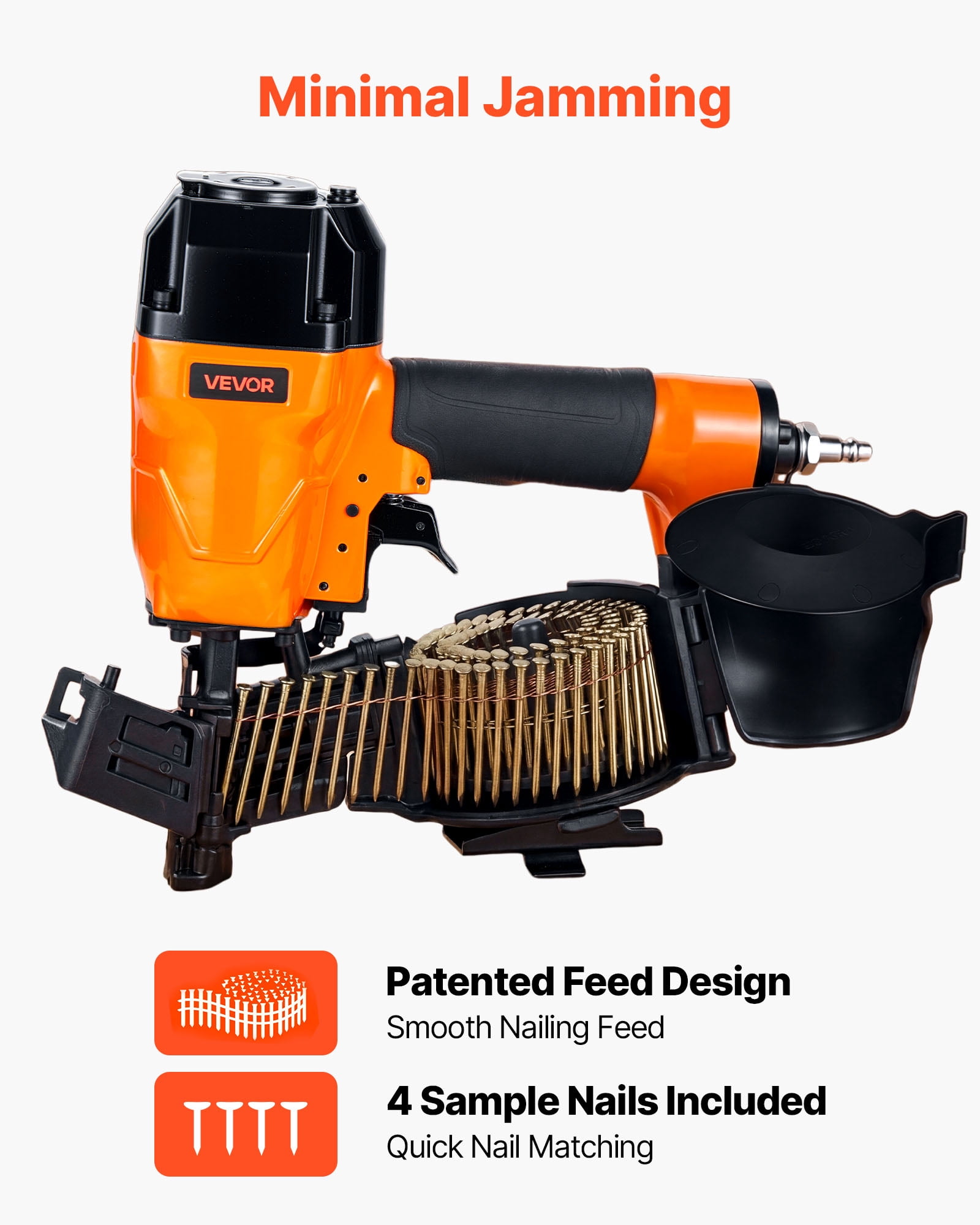 VEVOR Air Roofing Nailer CN45C, 3/4" to 1-3/4" 15 Degree Roofing Nail Gun with Two Firing Modes & Tool-Free Depth Adjustment, 70-110 PSI Pneumatic Coil Nailer for Asphalt Shingles, Roof Sheathing