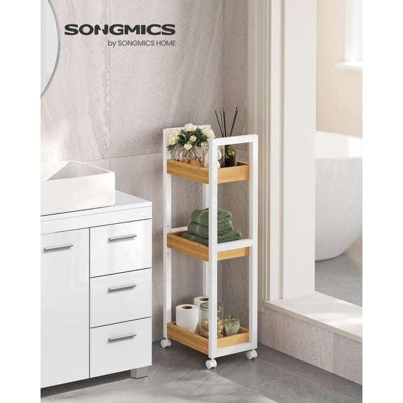 3-Tier Bamboo Rolling Cart with Adjustable Shelf, 11.8x31.5 Inch Slim Storage Organizer for Kitchen Bathroom, White and Natural