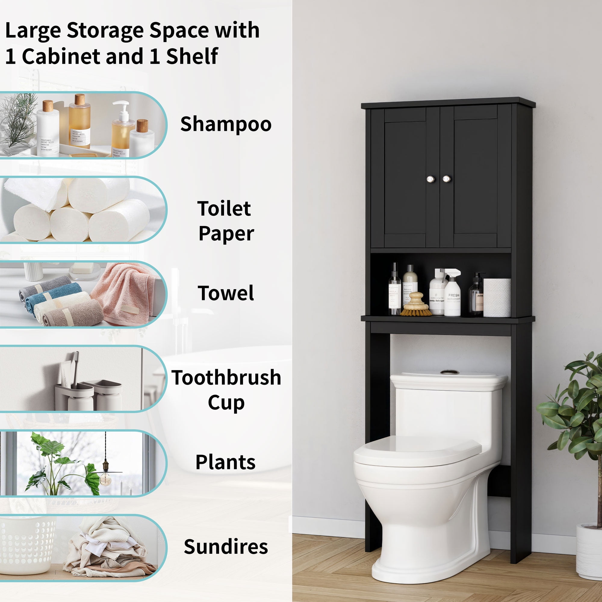 Walsunny Over The Toilet Storage Cabinet Bathroom Shelves Organizer Space Saver Freestanding Restroom Shelf with Doors Anti-Tip Device Adjustable Shelf Black