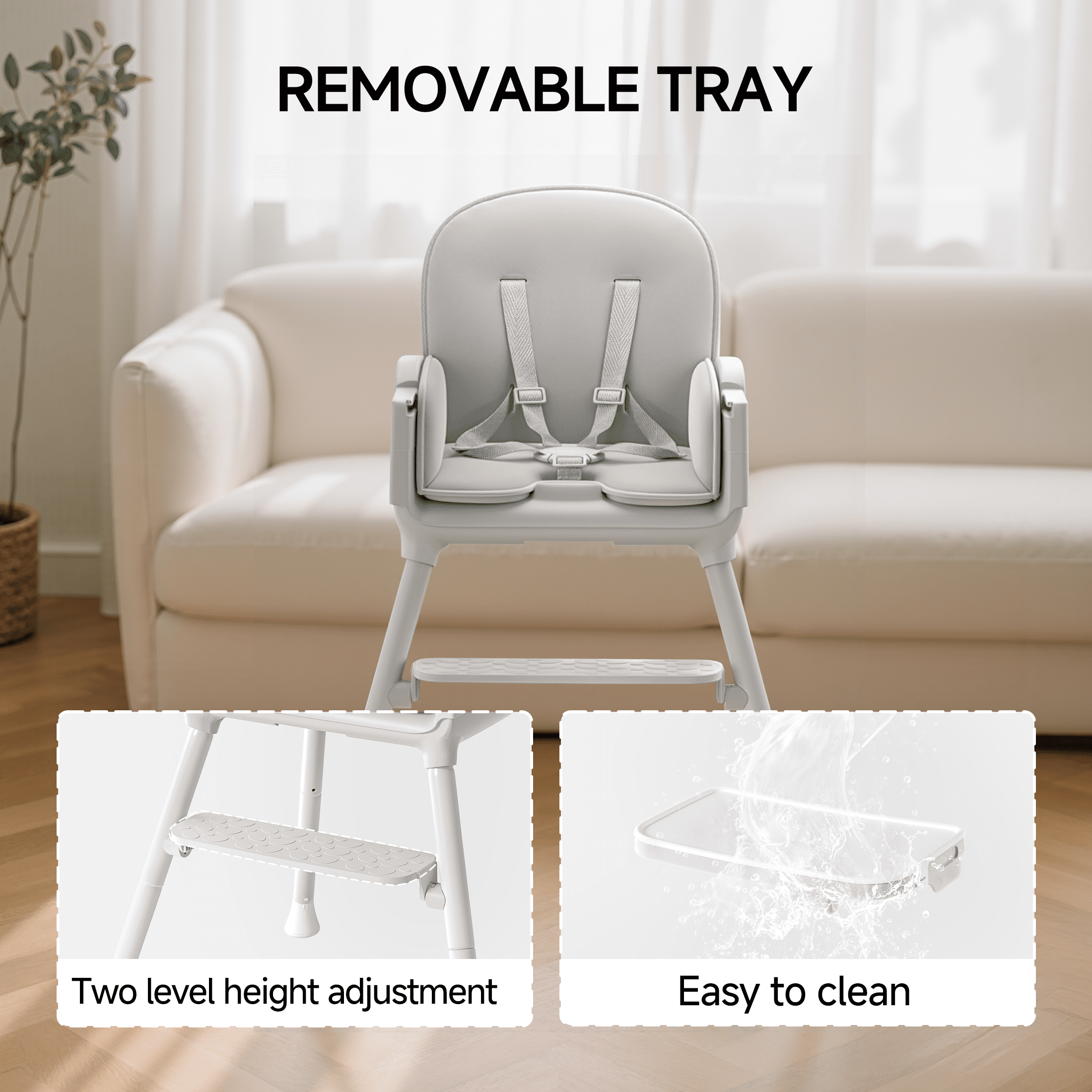 Babyomi 3-in-1 foldable Baby high chair, convertible highchairs for babies and toddlers with Adjustable Legs & Dishwasher Safe Tray, for6 months to 5 years old，Grey