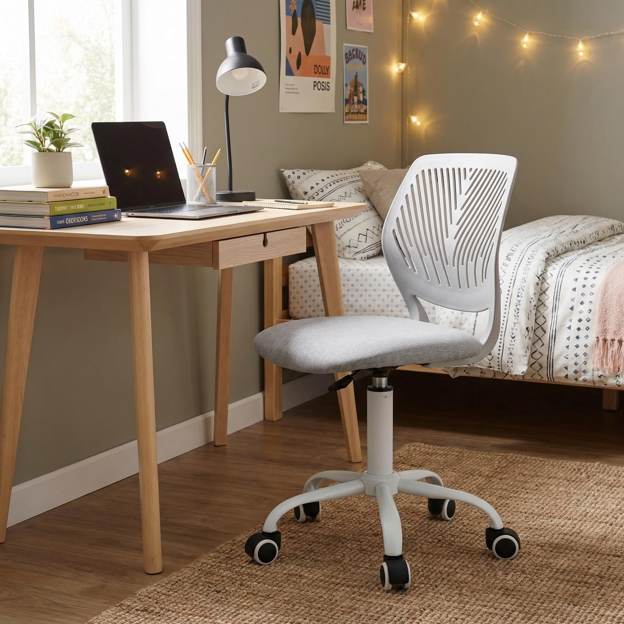 Homy Casa Teen Desk Chair, Adjustable Swivel Mesh Back Vanity Chair for Bedroom Study, Gray