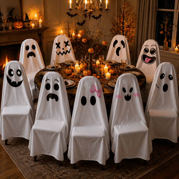 Halloween Ghost Chair Covers, White Spooky Chair Slipcover, Reusable Festive Seat Decorations for Halloween Indoor Decor Party Supplies